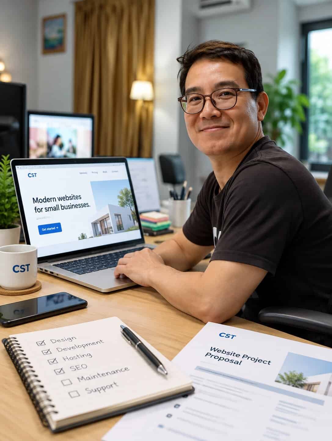 Richerd Ho of Computer Solution Trio working at his desk in Melaka